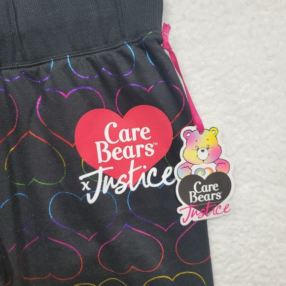 Justice Girls Care Bears Rainbow Foil Heart Black Sweatpants Sweats - Picture 3 of 7